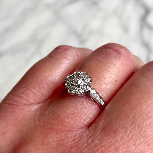 Art Deco 18k Gold, Platinum and Old European Cut Diamond Antique Flower Ring