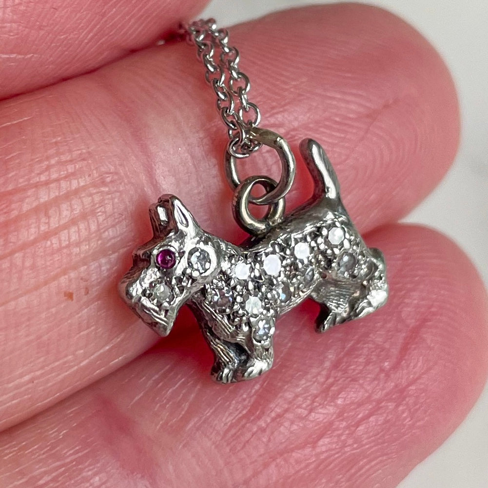 Platinum, Diamond & Ruby Scottish / West Highland Terrier Dog Pendant on a 18k White Gold Chain Necklace