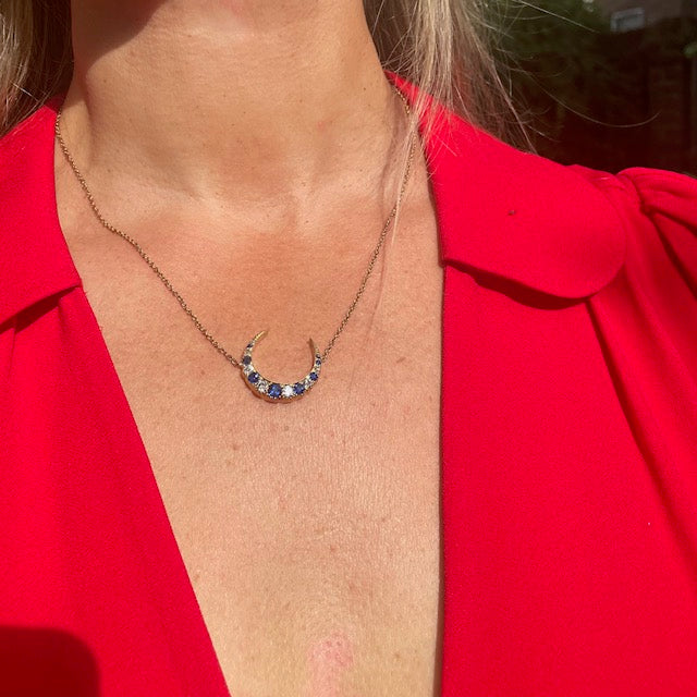 Victorian Diamond & Sapphire Crescent Moon Necklace on Edwardian 15k Gold Chain