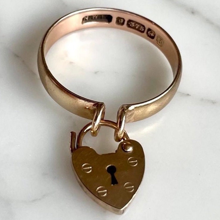 Love Heart Padlock Charm Ring 9k Hallmarked Birmingham